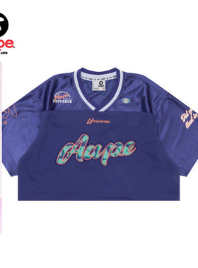 Aape女装春夏猿人徽章字母刺绣V领网面短款宽松薄短袖T恤1505XXM