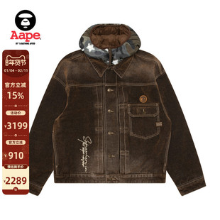 Aape旗舰店男装可拆卸迷彩帽水洗做旧复古牛仔夹克外套7749XAP