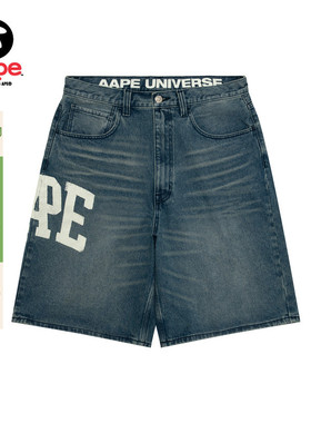 Aape旗舰店男装春夏心标字母刺绣水洗做旧潮流牛仔短裤C690XXQ