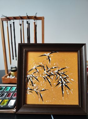 纯手绘国画~复古雪竹~摆台挂画，客厅新房装饰画~实木复古画框