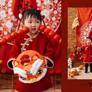 儿童摄影服装中国风新年红色锦鲤女孩主题影楼拍照艺术写真服道具
