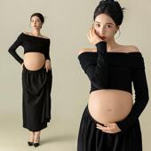 影楼新款 室内简约风高级感孕妈大肚照黑色两件套在家拍 孕妇照服装