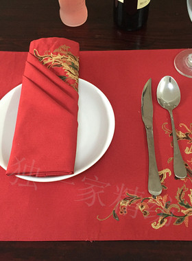 美国CHAPS餐垫红色棉麻绣花西餐厅咖啡厅盘垫环保隔热垫学生桌垫