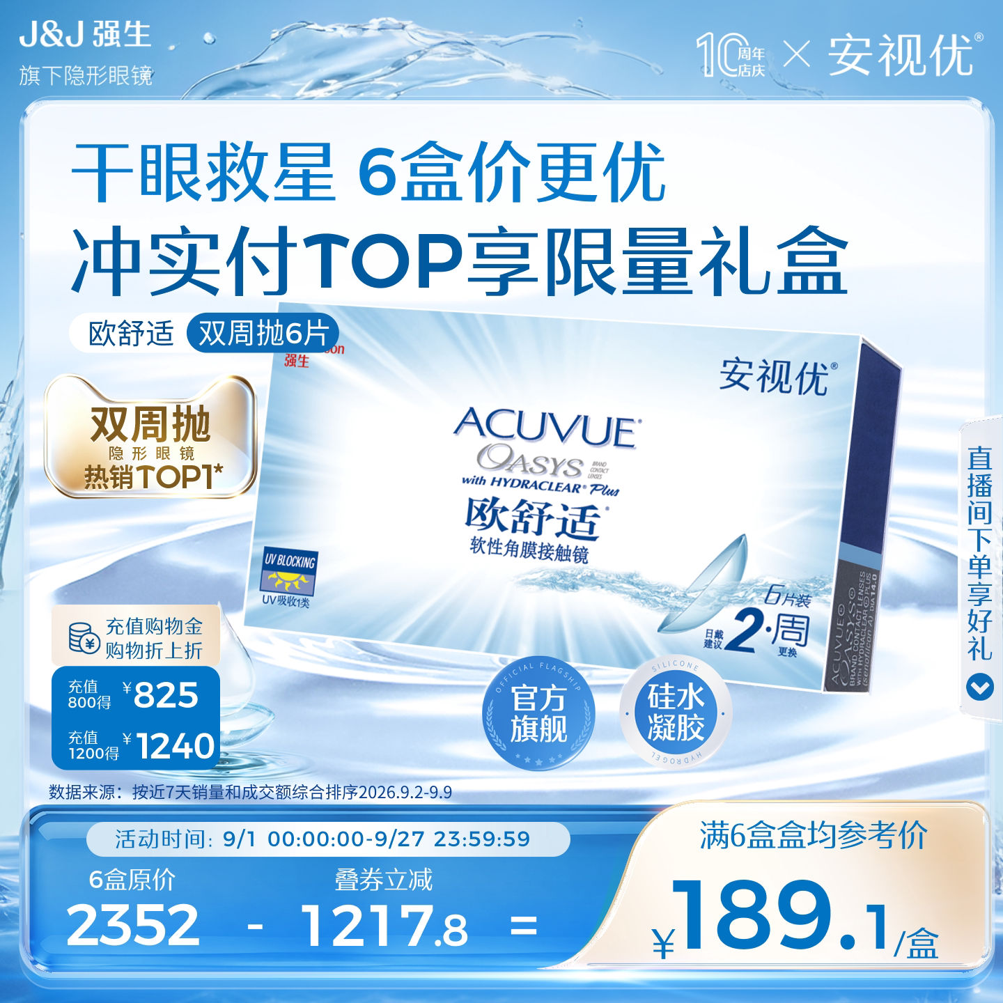 强生安视优欧舒适双周抛6片硅水凝胶近视隐形眼镜半月抛8.8mm基弧图片