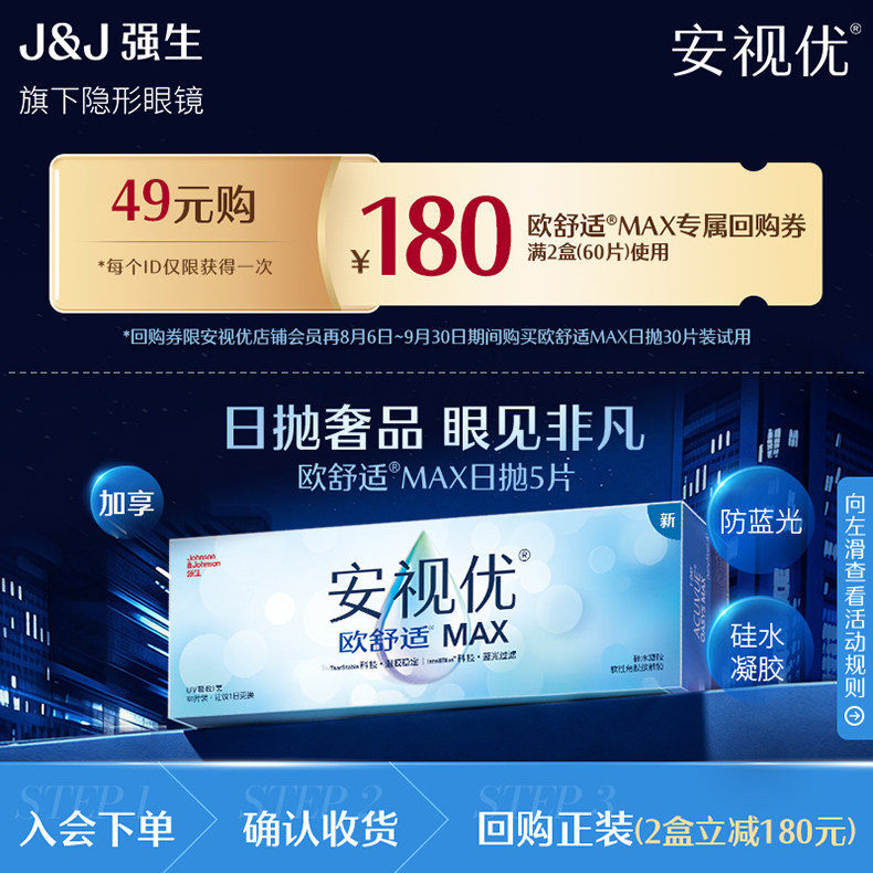 【天猫U先】强生安视优欧舒适MAX近视隐形眼镜硅水凝胶日抛5片装图片