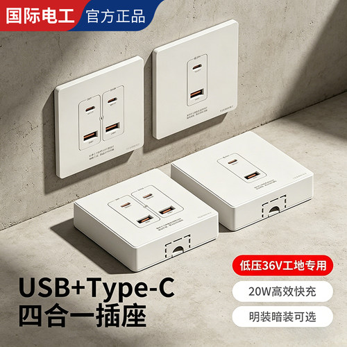 国际电工明装USB+Type-C快充面板