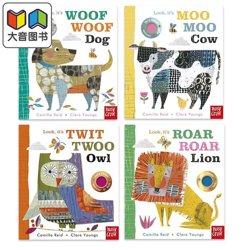 Nosy Crow 低幼儿童纸板书 动物绘本4册套装 Roar Lion 狮子 Moo Cow 小牛 Owl Woof Dog 小狗 英文原版 大音