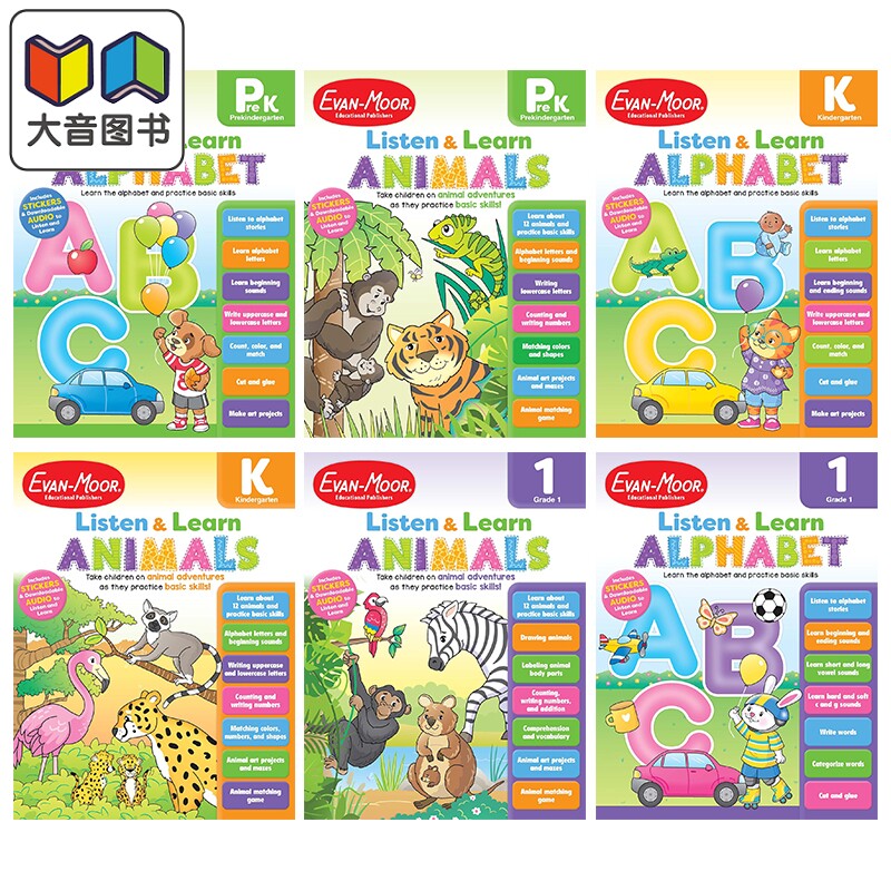 美国Evan-Moor 听故事学英语系列 幼儿园小学 动物字母表 Listen and Learn Animals Alphabet 英文字母书写阅读 大音