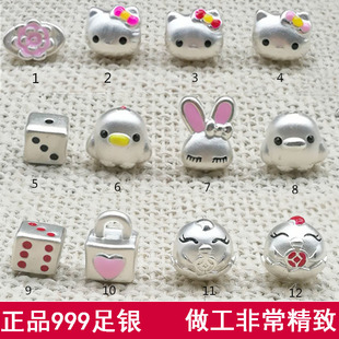 正品999足银纯银3D硬银莲花元宝KT猫凯蒂猫diy小配件编绳手链隔珠
