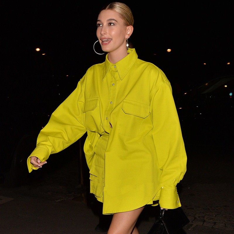 hailey baldwin海狸同款黄色宽松长袖衬衫 高腰半身裙时尚套装春