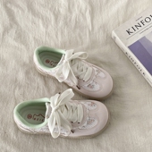 女款 配裙子夏季 透气小白鞋 喜叔芭蕾风粉色花朵德训鞋 厚底休闲板鞋