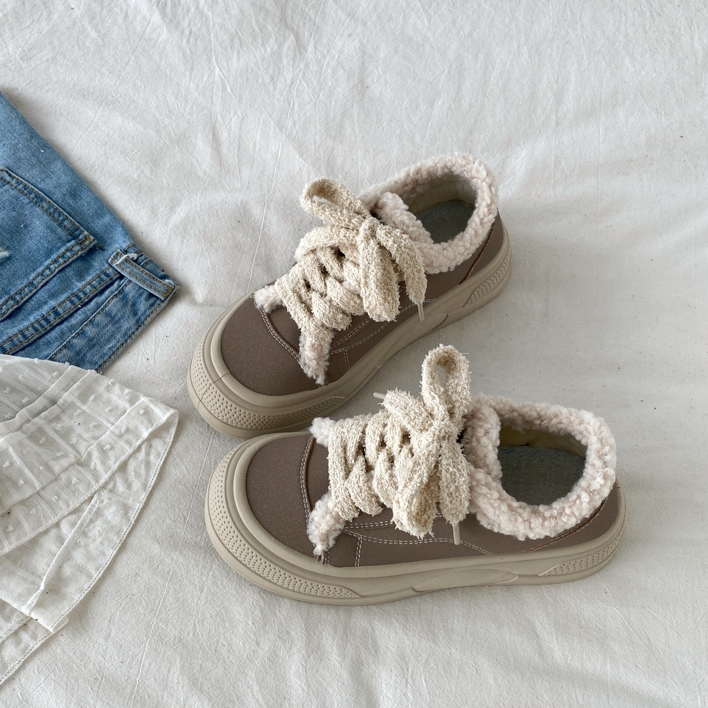 复古厚底毛毛棉鞋保暖加绒面包鞋