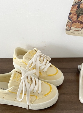 喜叔韩系小众奶黄色板鞋女2025新款春季百搭厚底面包鞋运动休闲鞋