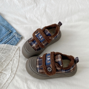 喜叔 复古棕色格纹二棉鞋女款冬季外穿保暖加绒厚底雪地靴毛毛鞋