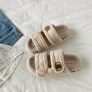 喜叔复古厚底一字毛毛拖鞋女冬季外穿保暖加绒勃肯鞋羊羔毛棉拖鞋