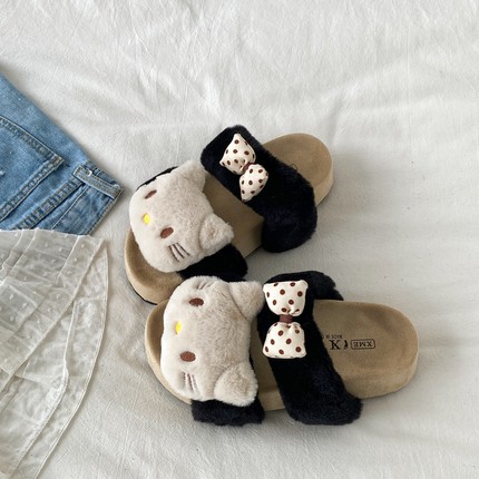 喜叔 HelloKitty一字棉拖鞋女外穿2025秋冬新款厚底勃肯毛毛拖鞋