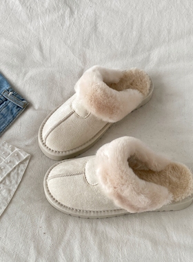 喜叔奶白毛毛雪地靴拖鞋女外穿冬季加绒保暖包头半拖鞋一脚蹬棉鞋