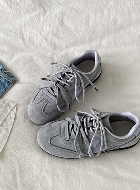 喜叔 复古灰色小众德训鞋女ins潮百搭阿甘鞋平底休闲运动鞋赛车鞋