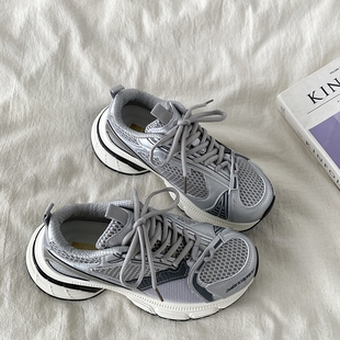 喜叔银色小众歪头巴黎老爹鞋女款2025新款春夏透气网面运动休闲鞋