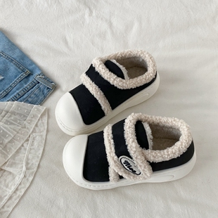 喜叔丑萌厚底魔术贴棉鞋女款冬季外穿保暖加绒包跟棉拖鞋毛毛鞋子