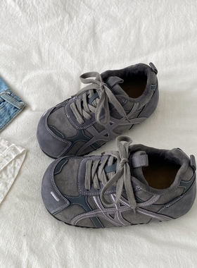 喜叔灰紫色丑萌大头面包鞋女款加绒德训鞋冬季棉鞋复古休闲运动鞋