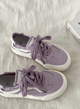 喜叔 夏季薄款紫色板鞋女2025新款透气帆布小白鞋厚底休闲德训鞋