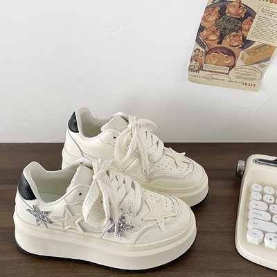真皮厚底小白鞋小众不撞款星星鞋