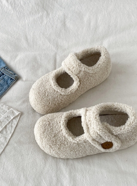 喜叔白色厚底玛丽珍毛毛鞋女外穿2025冬季新款保暖棉鞋加绒勃肯鞋