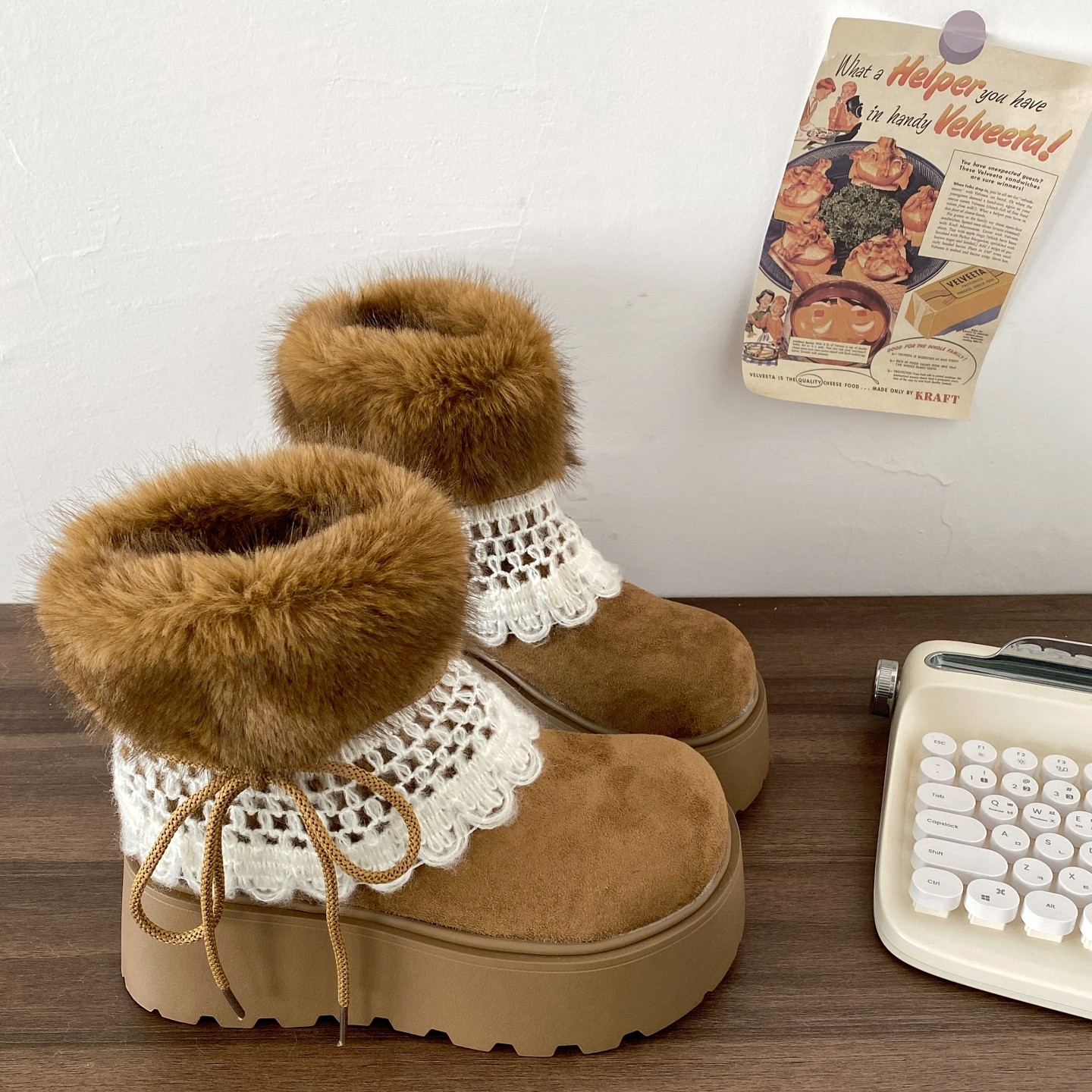 复古棕色厚底毛毛雪地靴中筒棉靴