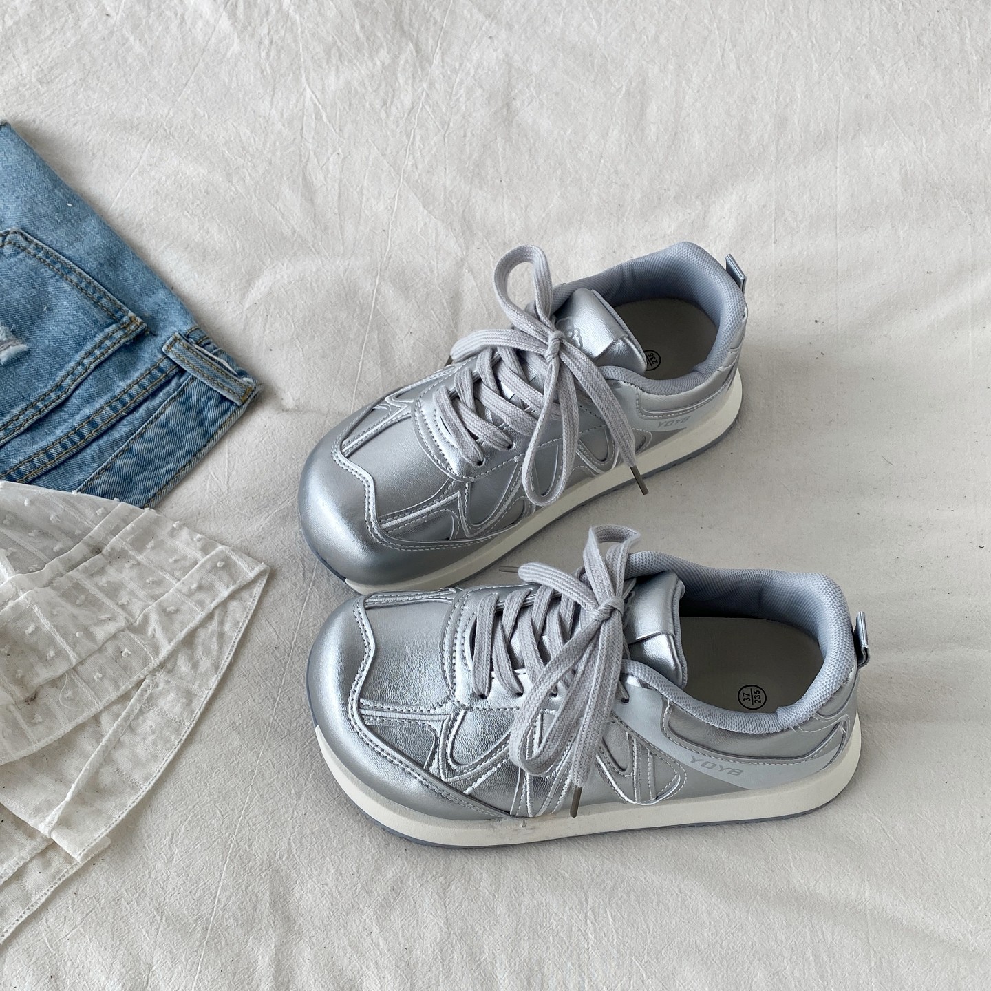 喜叔2026春季新款银色阿甘鞋女复古厚底德训鞋百搭休闲运动板鞋子,女鞋,德训鞋,淘宝优惠券,粉丝福利购,淘宝优惠卷