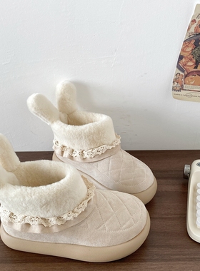 喜叔可爱白色兔耳雪地靴女2025冬季新款保暖加绒棉鞋厚底毛绒短靴