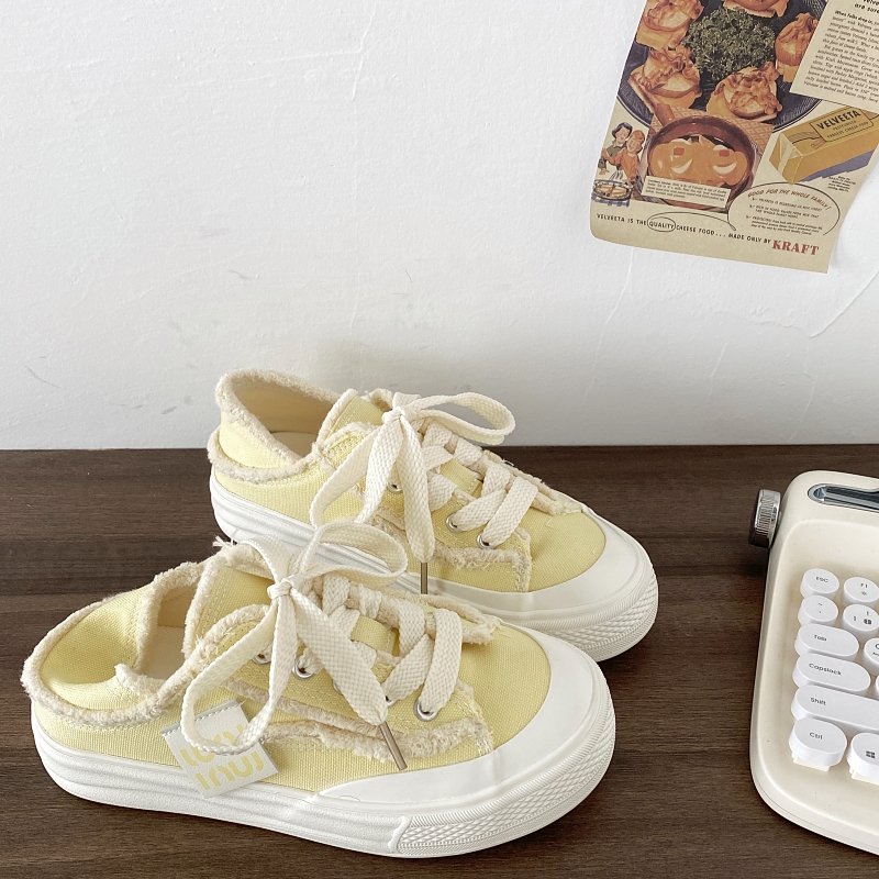 黄色两穿帆布鞋厚底一脚蹬女鞋子