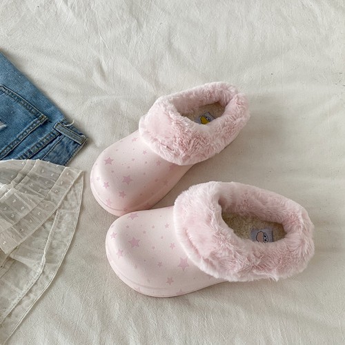 粉色厚底星星毛毛拖鞋包头棉拖鞋