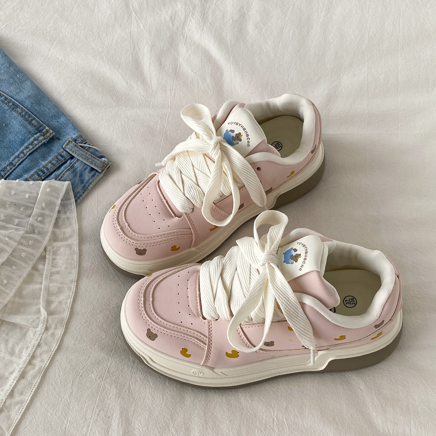 喜叔小众粉色卡通板鞋女2025新款秋季厚底小白鞋运动休闲面包鞋子,女鞋,休闲板鞋,淘宝优惠券,粉丝福利购,淘宝优惠卷