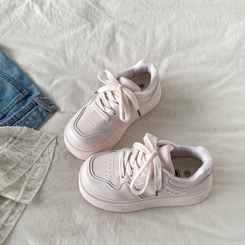 粉色圆头厚底系带板鞋休闲面包鞋