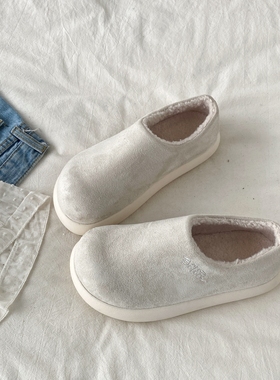 喜叔白色厚底加绒小土豆勃肯鞋女款冬季外穿毛毛棉鞋一脚蹬雪地靴