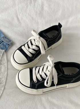 喜叔黑色厚底帆布鞋女2025新款春秋百搭软底芒果头增高板鞋休闲鞋