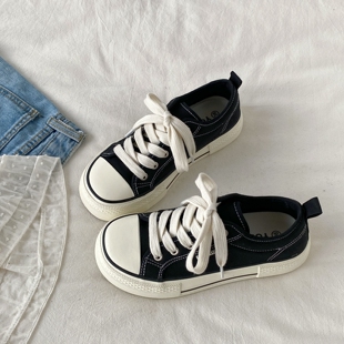 休闲鞋 春秋百搭软底芒果头增高板鞋 女2025新款 喜叔黑色厚底帆布鞋