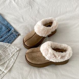 喜叔厚底保暖雪地靴半拖鞋女外穿冬季加绒毛毛棉鞋皮毛一体穆勒鞋