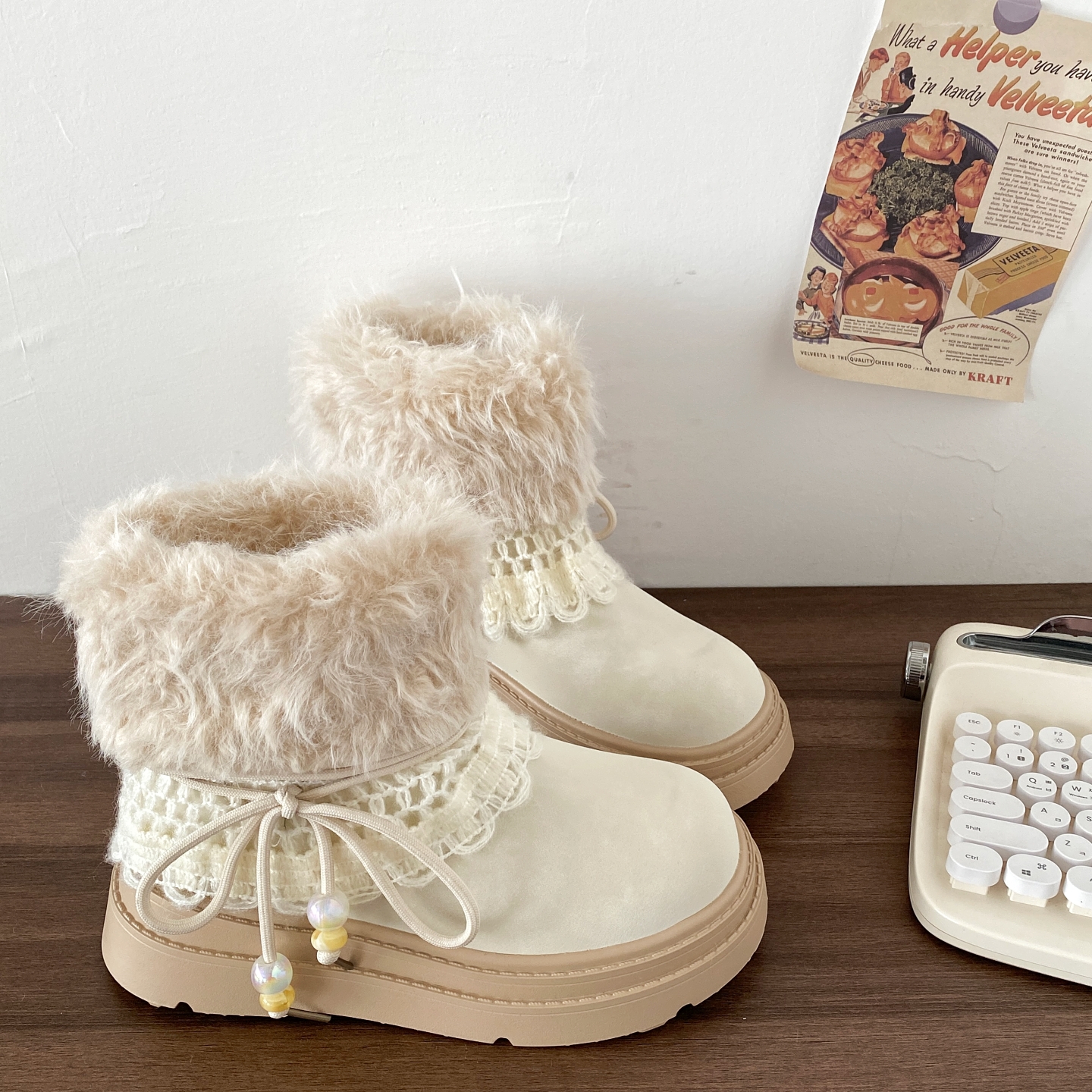 奶油费尔岛毛毛雪地靴保暖棉靴子