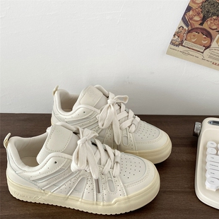 复古小众奶油小白鞋 ins潮厚底面包鞋 女2025秋季 休闲板鞋 新款 喜叔