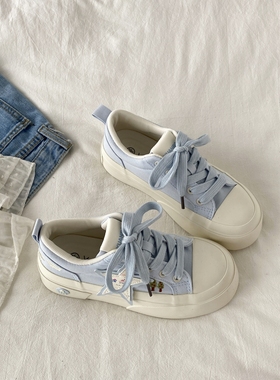 喜叔蓝色厚底星星板鞋女2025夏季新款百搭透气帆布鞋配裙子小白鞋