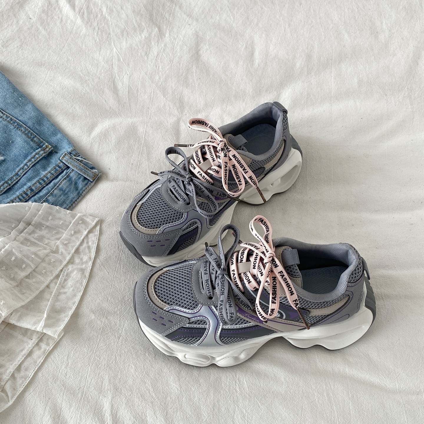 喜叔 灰粉撞色厚底老爹鞋女款ins潮透气网面运动鞋复古休闲跑步鞋,女鞋,时尚休闲鞋,淘宝优惠券,粉丝福利购,淘宝优惠卷