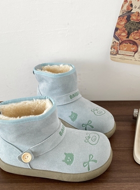 喜叔丑萌蓝色大头雪地靴女2025新款冬季保暖加绒棉鞋皮毛一体短靴