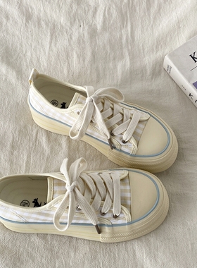 喜叔多巴胺黄色格子帆布鞋女款夏季薄款透气板鞋两穿可踩脚小白鞋