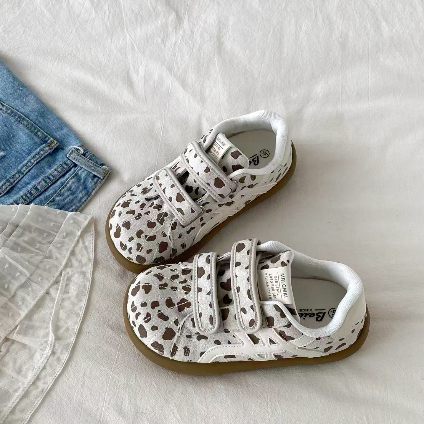 复古小众豹纹魔术贴德训鞋小白鞋