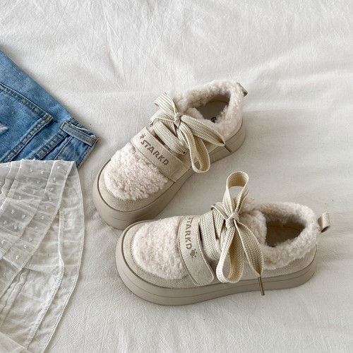 复古厚底毛毛棉鞋保暖加绒板鞋子