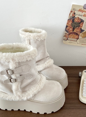喜叔白色保暖加绒毛毛雪地靴女2025新款冬季厚底堆堆靴中筒棉靴子