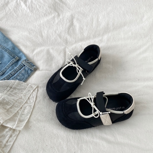 喜叔黑色运动风玛丽珍鞋女2026春季新款魔术贴软底德训鞋休闲单鞋