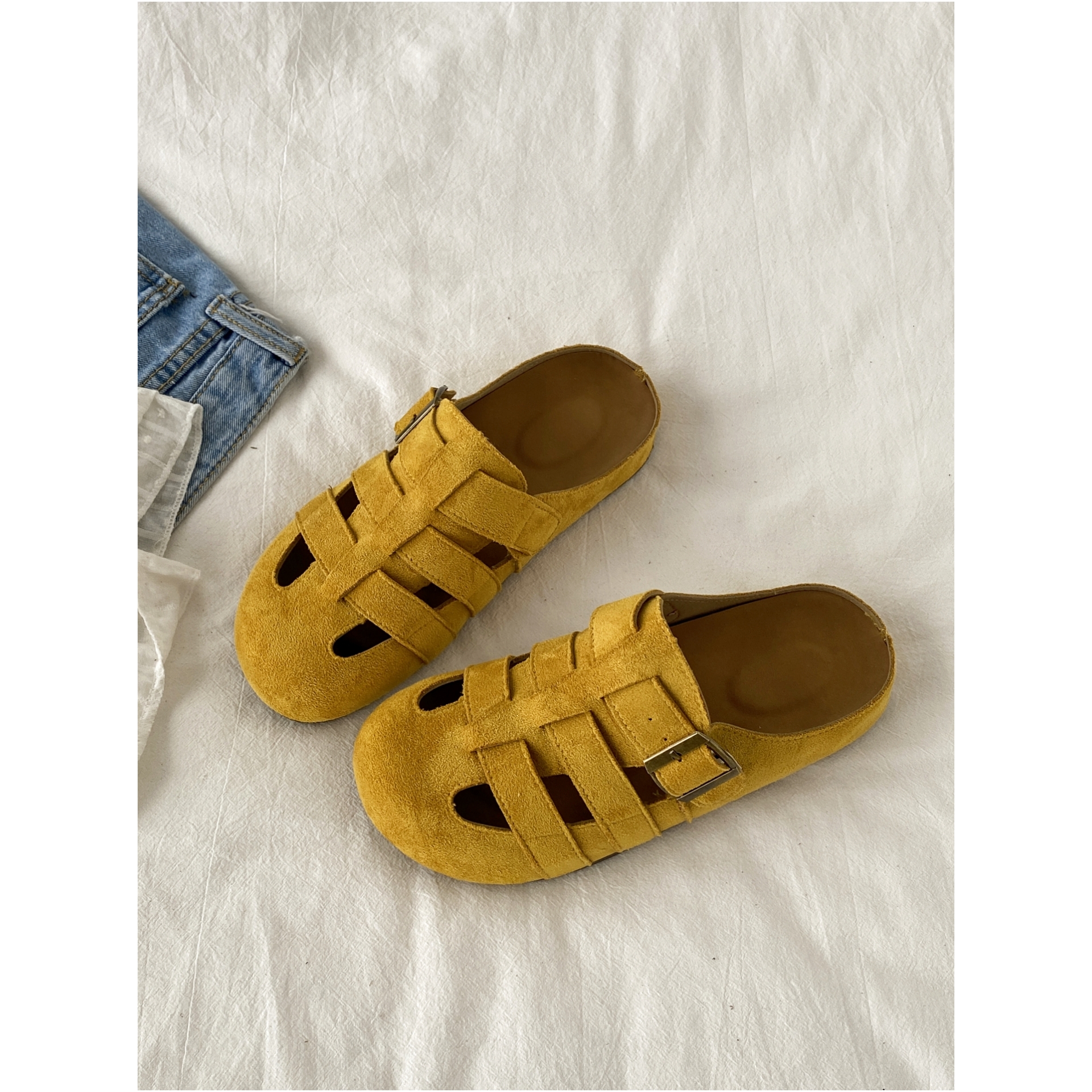 超火黄色罗马凉拖鞋镂空勃肯拖鞋